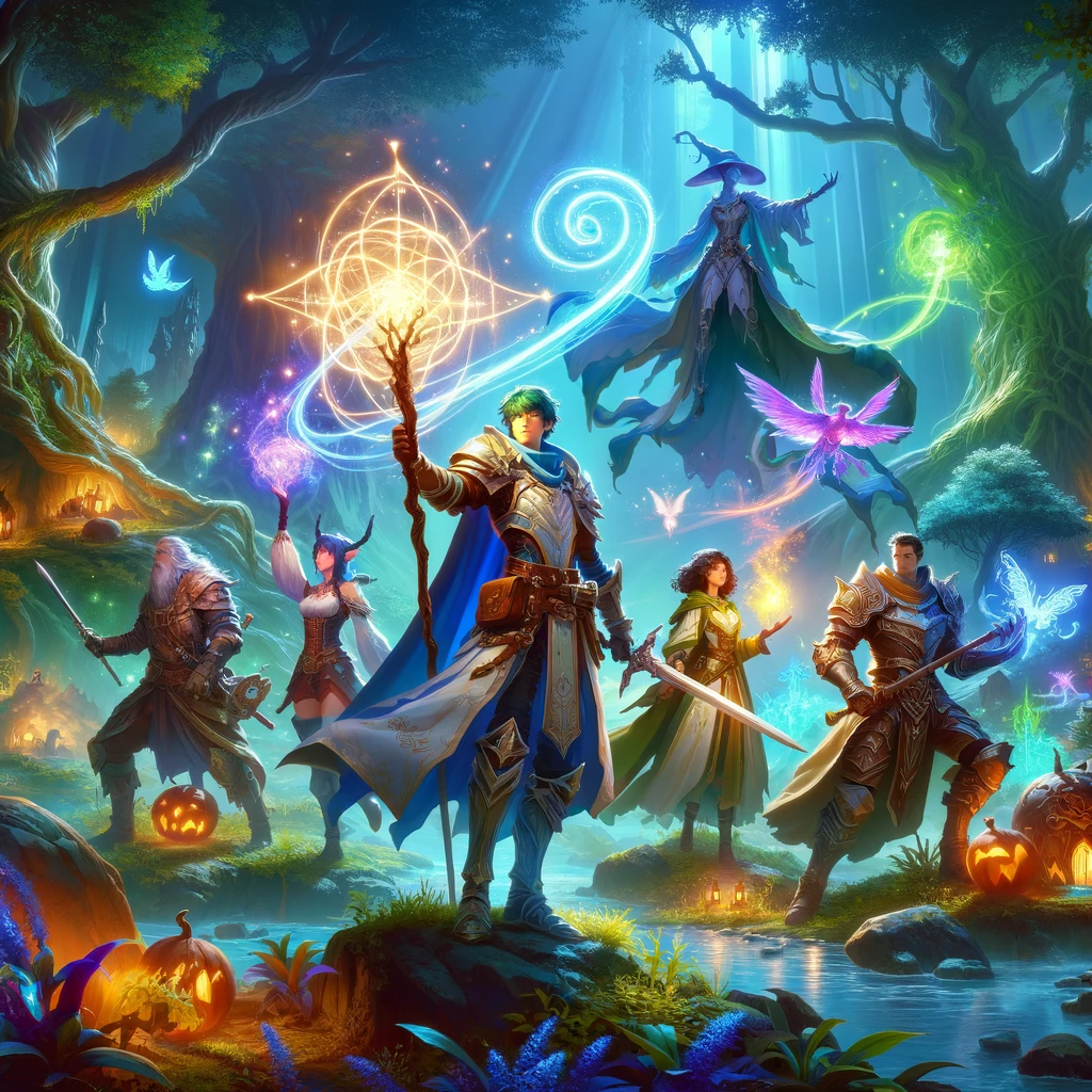 DALL·E 2024-03-07 12.05.37 - A vibrant and immersive fantasy scene inspired by classic MMORPGs, featuring a diverse party of adventurers in a mystical forest setting. The group in