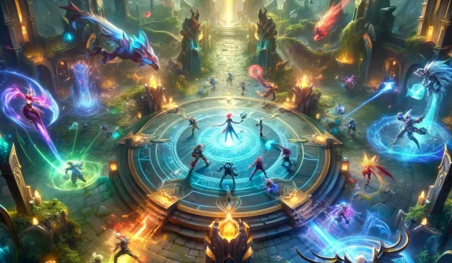 DALL·E 2024-03-03 17.52.16 - A dynamic and visually captivating scene from League of Legends, featuring a diverse group of champions engaged in an epic battle at the center of Sum
